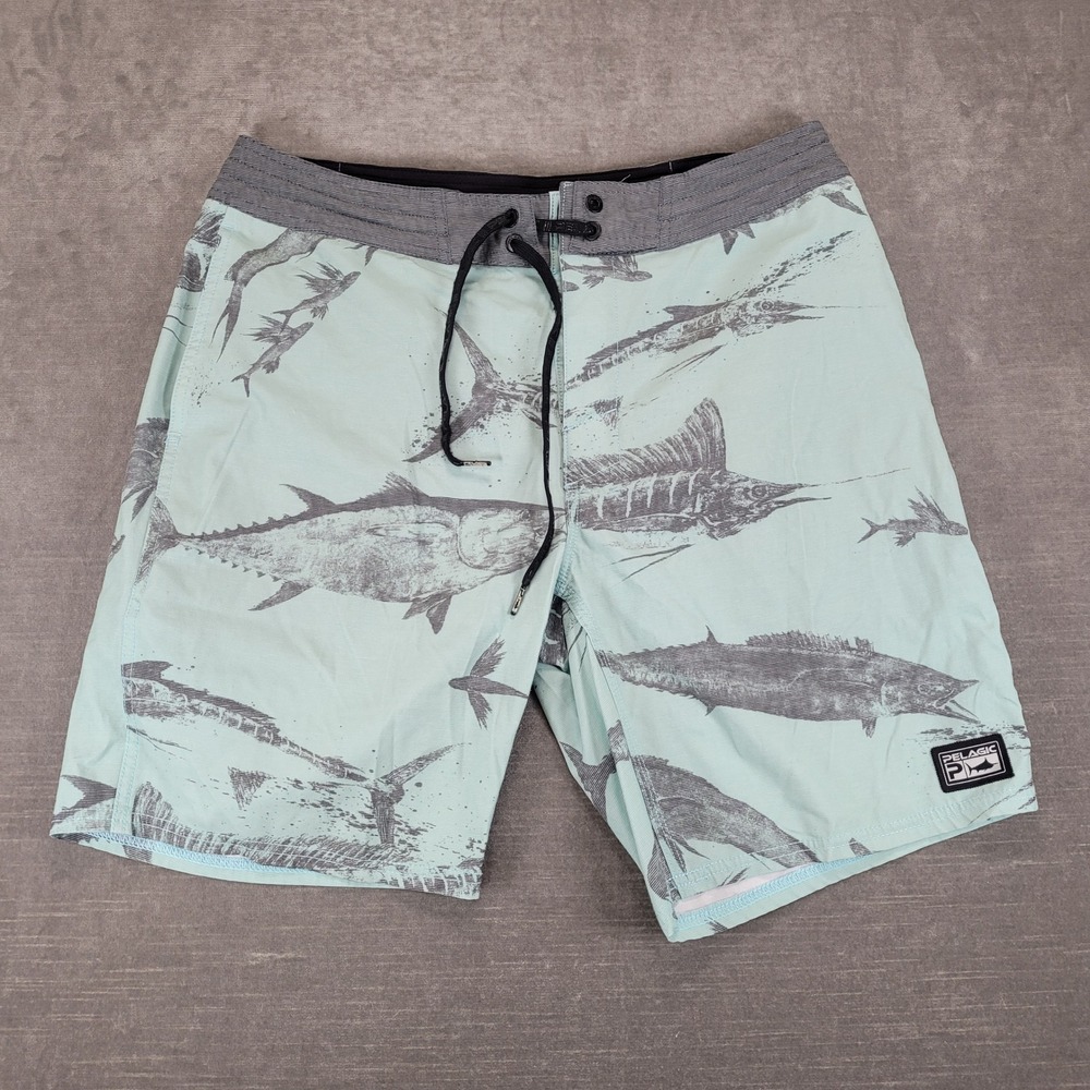 Pelagic High Performance Fish Print Board Shorts Mens 32 Mint Green Blue